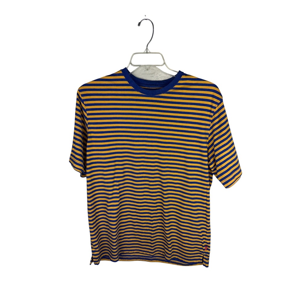 Izod Mens Striped T-Shirt Blue Yellow Horizontal Stripe Crewneck Large